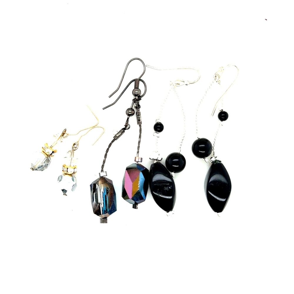 Lot of 3 Pairs‎ Beaded Dangle Earrings Iridescent Crystal Black Onyx Style Clear